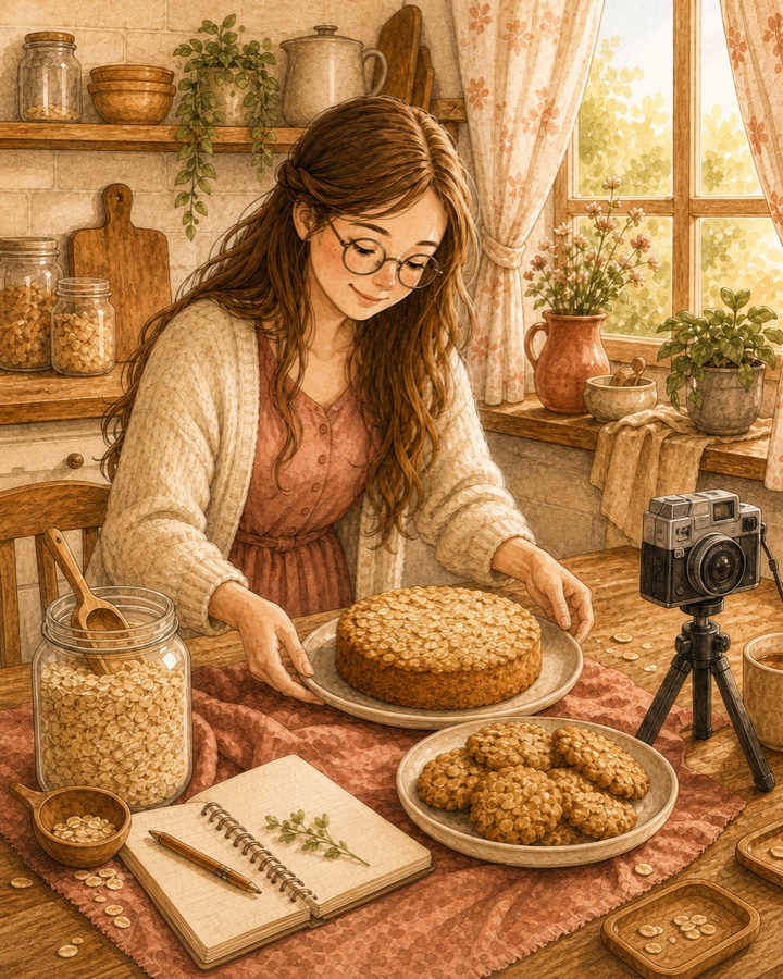 Eine junge Frau bereitet ein Hafergebäck für ein Rezeptfoto vor
